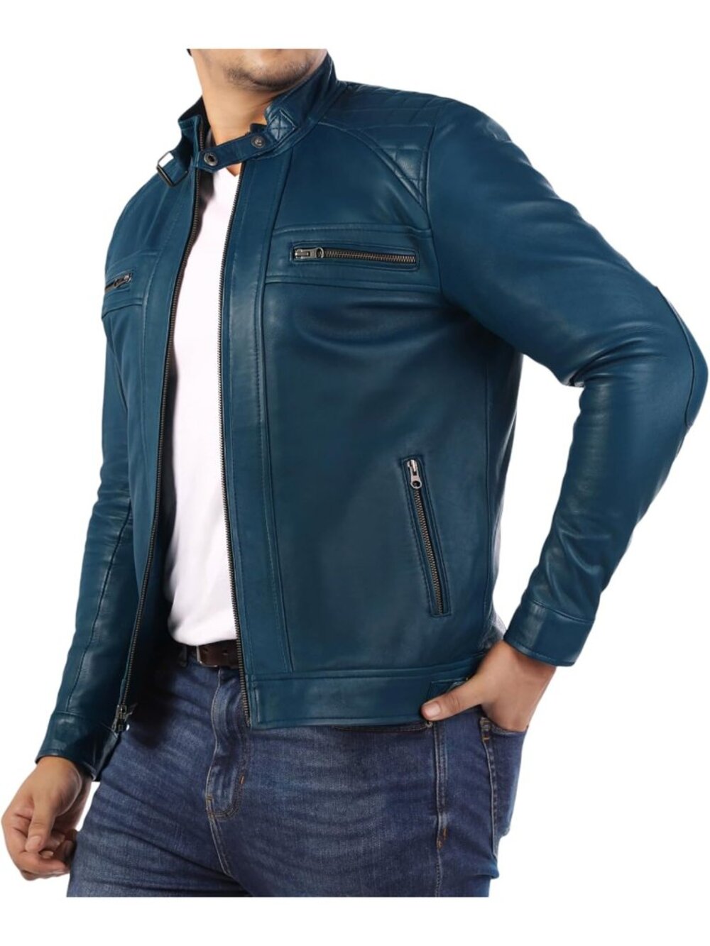 Man's Blue Leather Diamond Style Long Sleeve Café Racer Motorcycle Jacket's